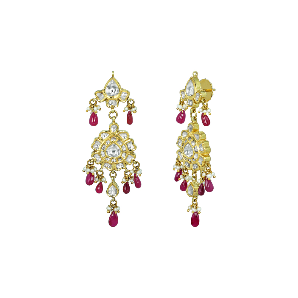 Polki Earrings with Floral Motifs, Ruby Drops, and Pearls